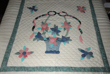 Vintage Hand Stitched/Sewn Grandmother  s Flower Basket Quilt Size 80  x 84  