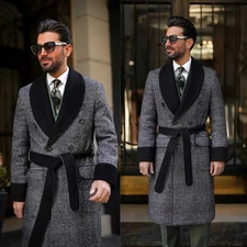 New Woolen Plaid Long Coat for Men Shawl Lapel Coat with Belt Evening Party Wear