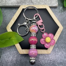 4.5  Stainless Steel Floral Charm Acrylic Bead Keychain Purse Backpack New C607