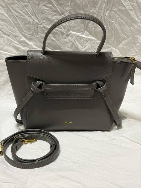 CELINE Belt Bag Mini Grey Leather Top Handle Satchel Detachable Strap Gold