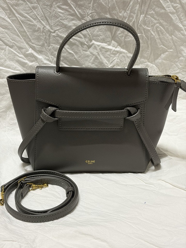 CELINE Belt Bag Mini Grey Leather Top Handle Satchel Detachable Strap Gold