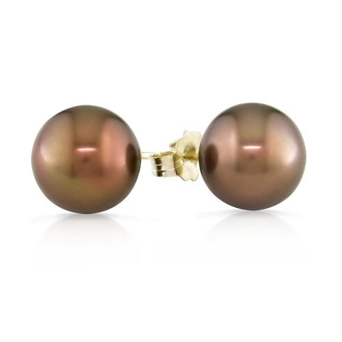 14K Yellow Gold 8-8.5mm Tahitian Chocolate Pearl Stud Earrings