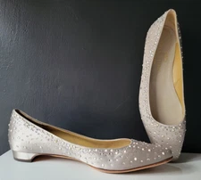 VALENTINO GARAVANI SATIN BEIGE BALLET FLATS ENCRUSTED w / BEADS & RHINESTONES