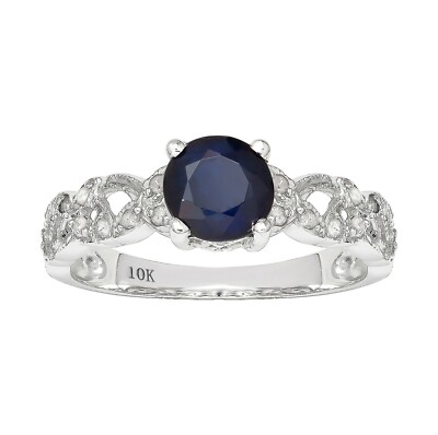 10k White Gold Vintage Style Genuine Round Sapphire and Diamond Filigree Ring