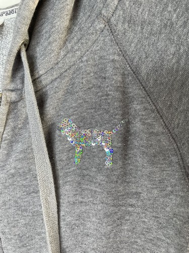 Victorias Secret PINK Womens Gray Full Zip Hoodie Sweatshirt S/P Silver Sequins - Picture 2 of 9
