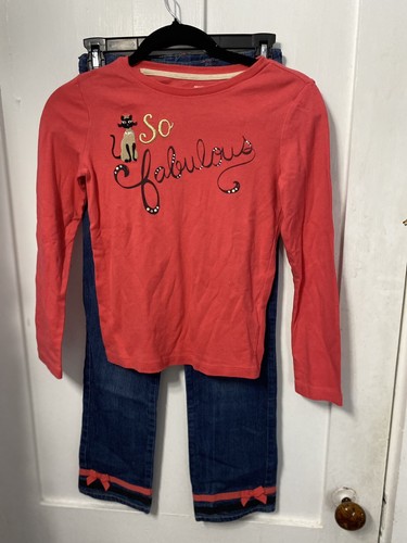 Gymboree Girls Sz10 PURRFECTLY FABULOUS Coral Top & Jeans w/ Coral Black Ribbons