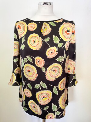 CLEMENTS RIBEIRO BLACK FLORAL PRINT BOAT NECK 3/4 SLEEVED TOP SIZE 10