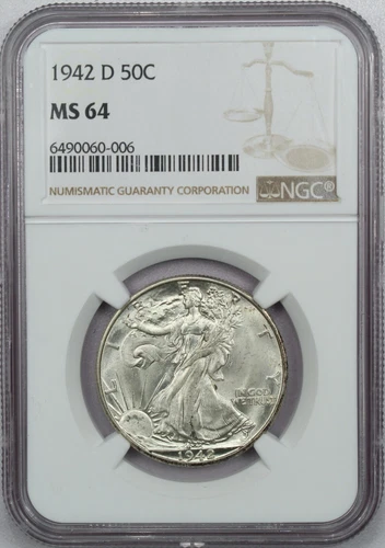 1942-D Walking Liberty Half Dollar 50C, NGC MS64, Choice Uncirculated BU