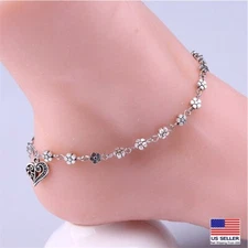 Fashion Ankle Bracelet Foot Chain Anklets 3D Ancient Silver Flowers Heart 1521