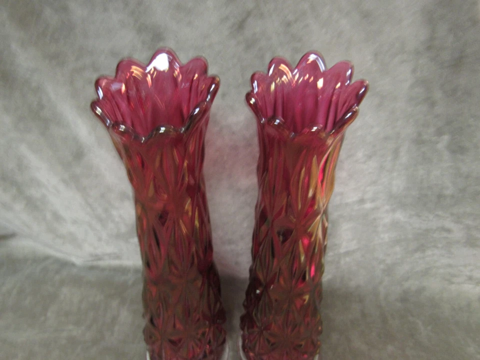Super Rare Tiffin Glass Williamsburg Ruby Stain Swung Vase Pair Mid Century Mod - Image 4 of 4