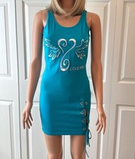 Dress Womens Angel Wings Bodycon Mini Lace Up Side Clubwear Turquoise Size M NEW