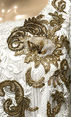 New MARCHESA Couture Feather Bead Embroidered Lace White Gold Wedding Dress  US 4 | eBay