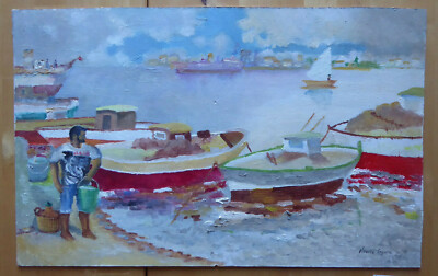 Old Oil Painting on Board Marine Boats Signed SEGURA Spain '900 MD4
