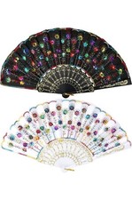 Sequin Fabric Embroidered Flower Lace Trim Peacock Folding Fans 2 Pc