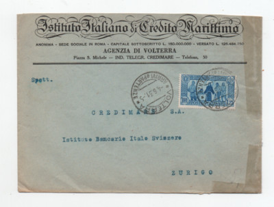 VOLTERRA 4/6/1931 BANK COVER ''ITALIAN MARITIME CREDIT INSTITUTION'' TO ZURICH