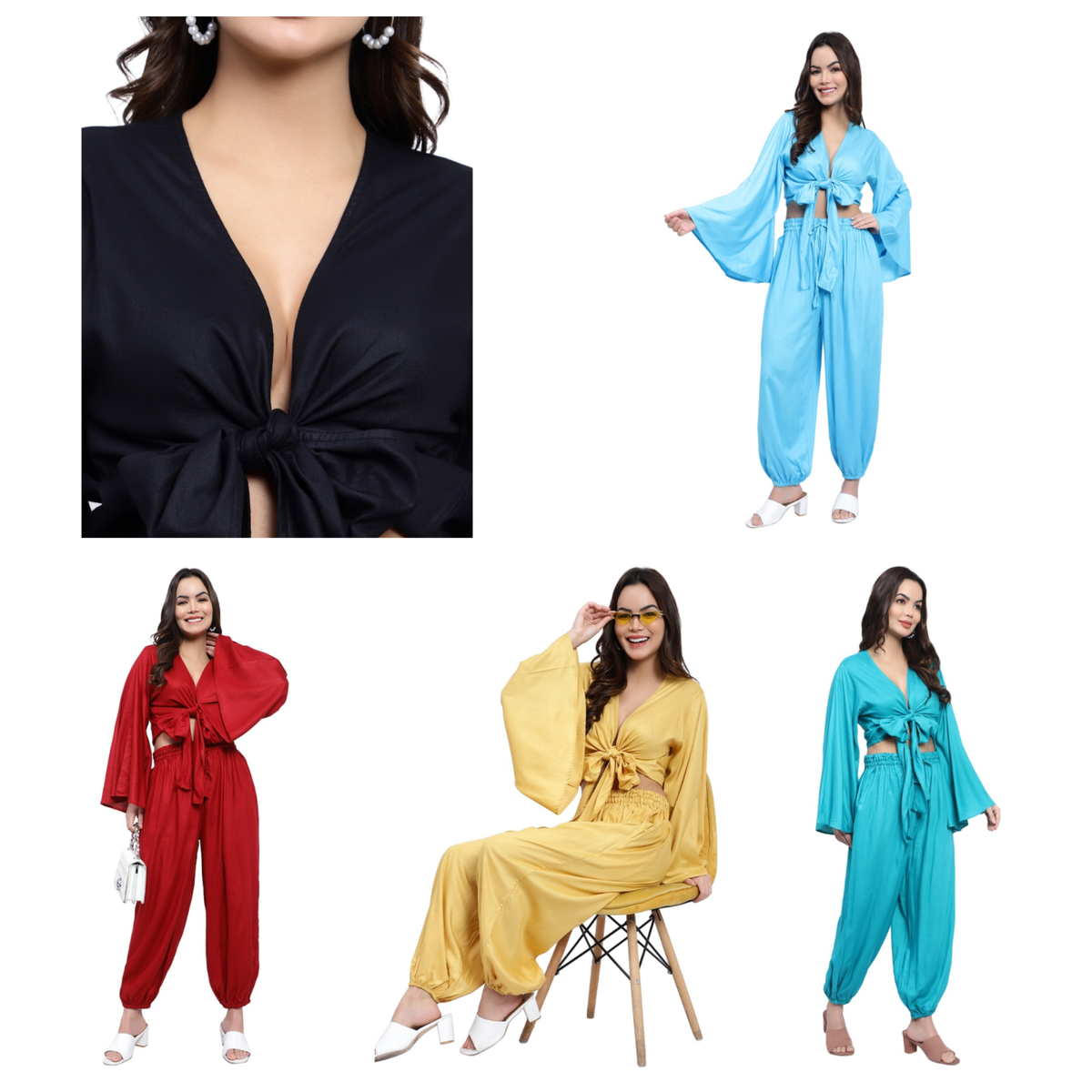 Co Ord Set Ali Baba trouser Wrap bell sleeve top Pockets One Size