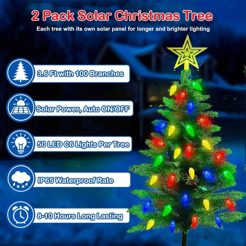 2-Pack 3.6FT Solar Christmas Tree Outdoor Christmas Decorations,8 Modes Solar - Image 2 of 4