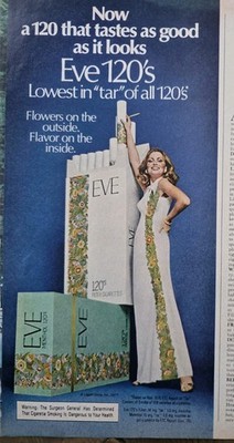 1977 Eve 120's Cigarettes woman evening gown smoking vintage ad 