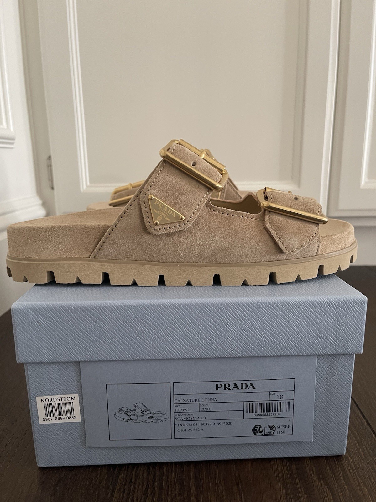 BRAND NEW  Size 38 -PRADA Beige Suede Buckle Slide Sandals Adjustable Strap  thumbnail 6