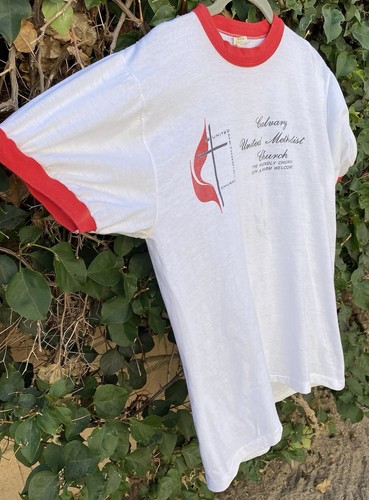 Vintage Calvary United Methodist Church Ringer Tee T Shirt Worn Velva Sheen XL - 第 7/24 張圖片