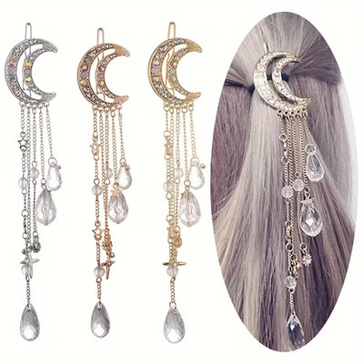 Elegant Crystal Moon Hair Clip with Tassel & Charms   Rhinestone Side Clip