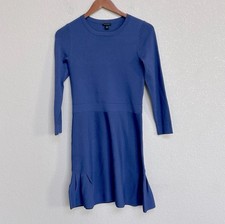 Ann Taylor Women’s Blue Knit Fit & Flare Dress with Ruffle Hem Long Sleeve XS