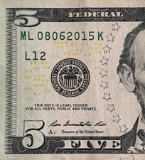 08062015 Birthday Note $5 Bill August 6 / June 8 2015 Date Serial Number Gift