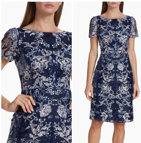 Marchesa Notte Dress Women 4 Blue Silver Embellished Boatneck Cocktail Mini