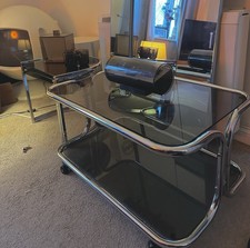 Vintage , Retro 70’s Table / Trolley  Tubular chrome & Smoked Glass On Wheels
