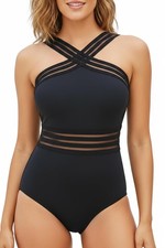 Women Black Crisscross Piece Swimsuits Mesh Tummy Control Bathing Suits Front...