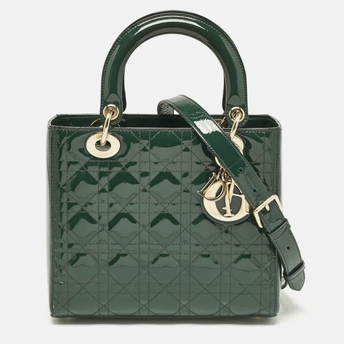 Sac fourre tout Dior vert cannage cuir verni moyen Lady Dior
