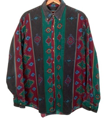 Vintage Chamois Shirt Men Large Southwest Geometric Maroon Green Western Flannel
