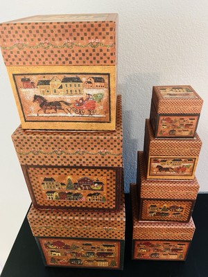 Bobs Boxes Primitive Nesting Boxes The Christmas Village Set of 7 Horse Carriage