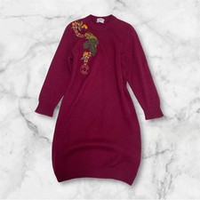 CELINE Phoebe Era Pure Wool Embroidered Logo Long Sleeve Knit Dress Bordeaux