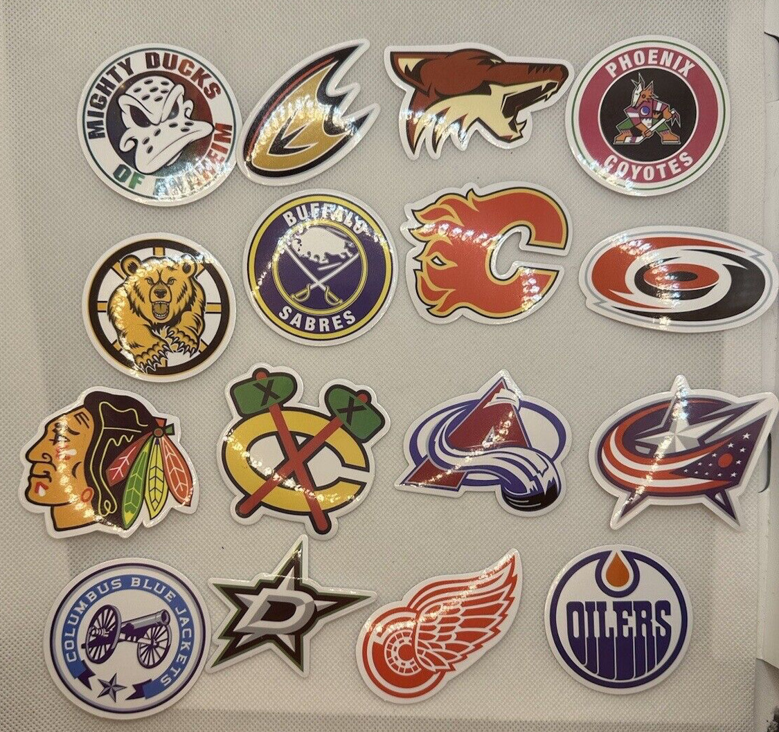 Complete Set 30-60 NHL Hockey Team Jersey Logo Sports Stickers - 2 Stickers  per Card. Stanley Cup Champions Penguins Rangers Red Wings Bruins