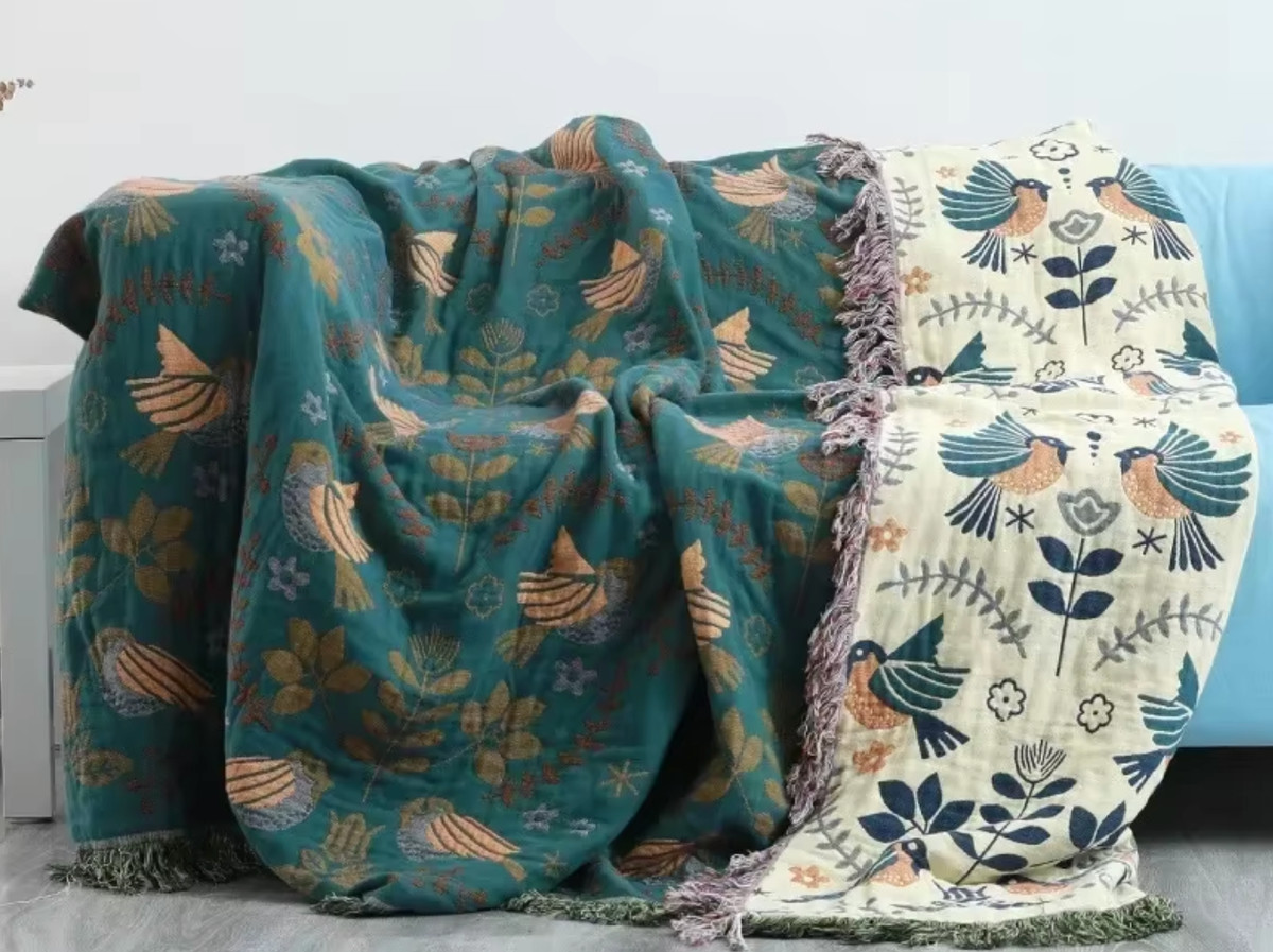 Premium Reversible Scandinavian Bird Throw Blanket Soft Double