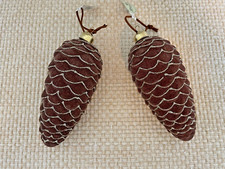 2 Large Brown Glass Flocked Pinecone Christmas Ornaments, 6" T, Regency NWT