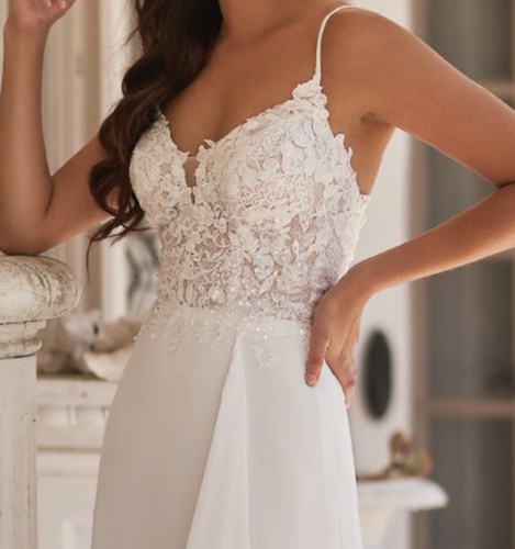 Schlichtes Chiffon Strand Brautkleid Ivory Schnürt Träger Spitze Illusion NEU - Bild 5 von 7
