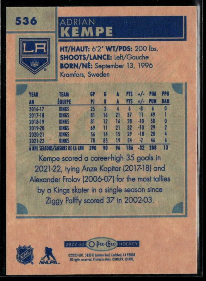 2022-23 O-Pee-Chee Retro Adrian Kempe #536 - Image 2 of 2