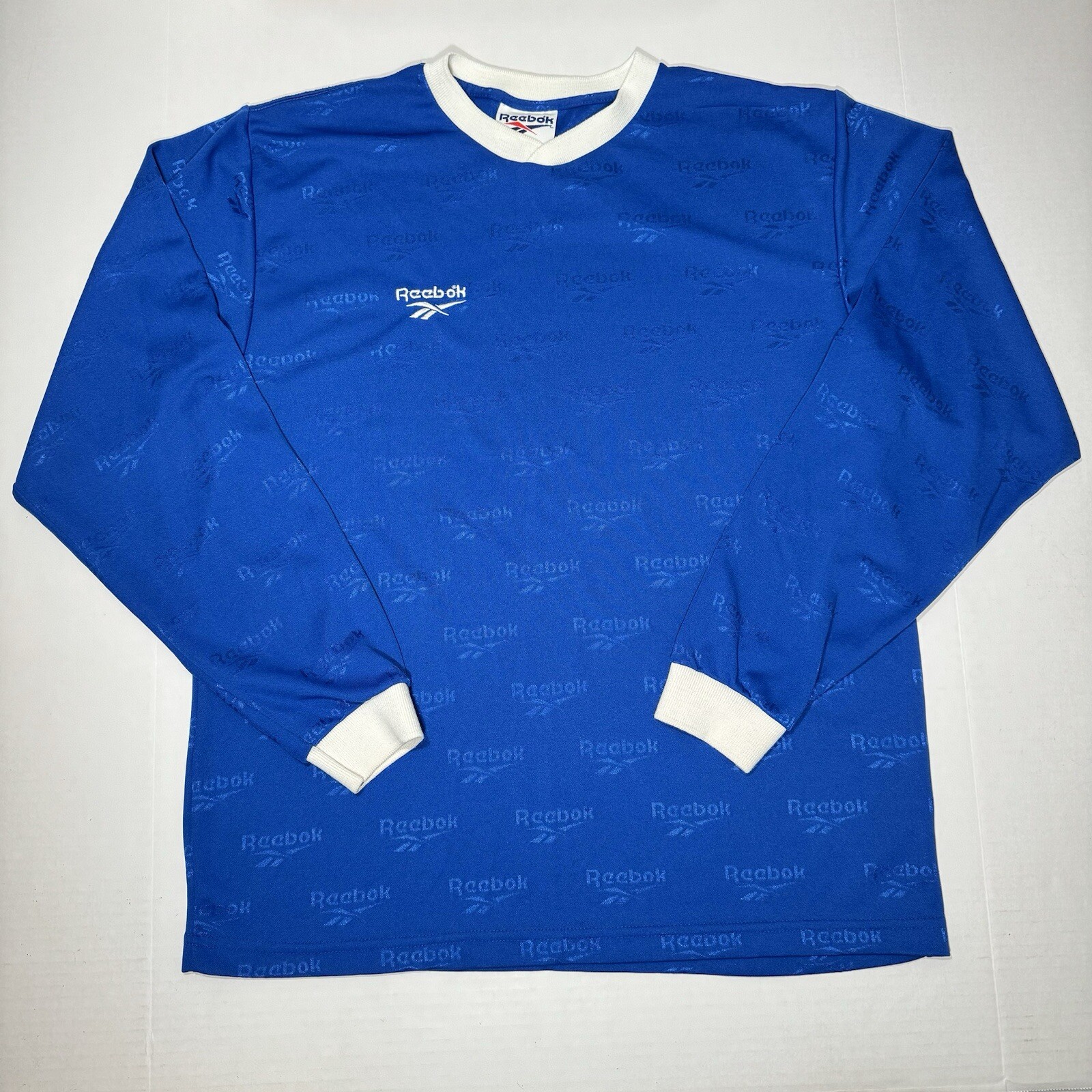 Vintage 90s Reebok Long Sleeve Blue Soccer Shirt Size M Futbol All Over Print