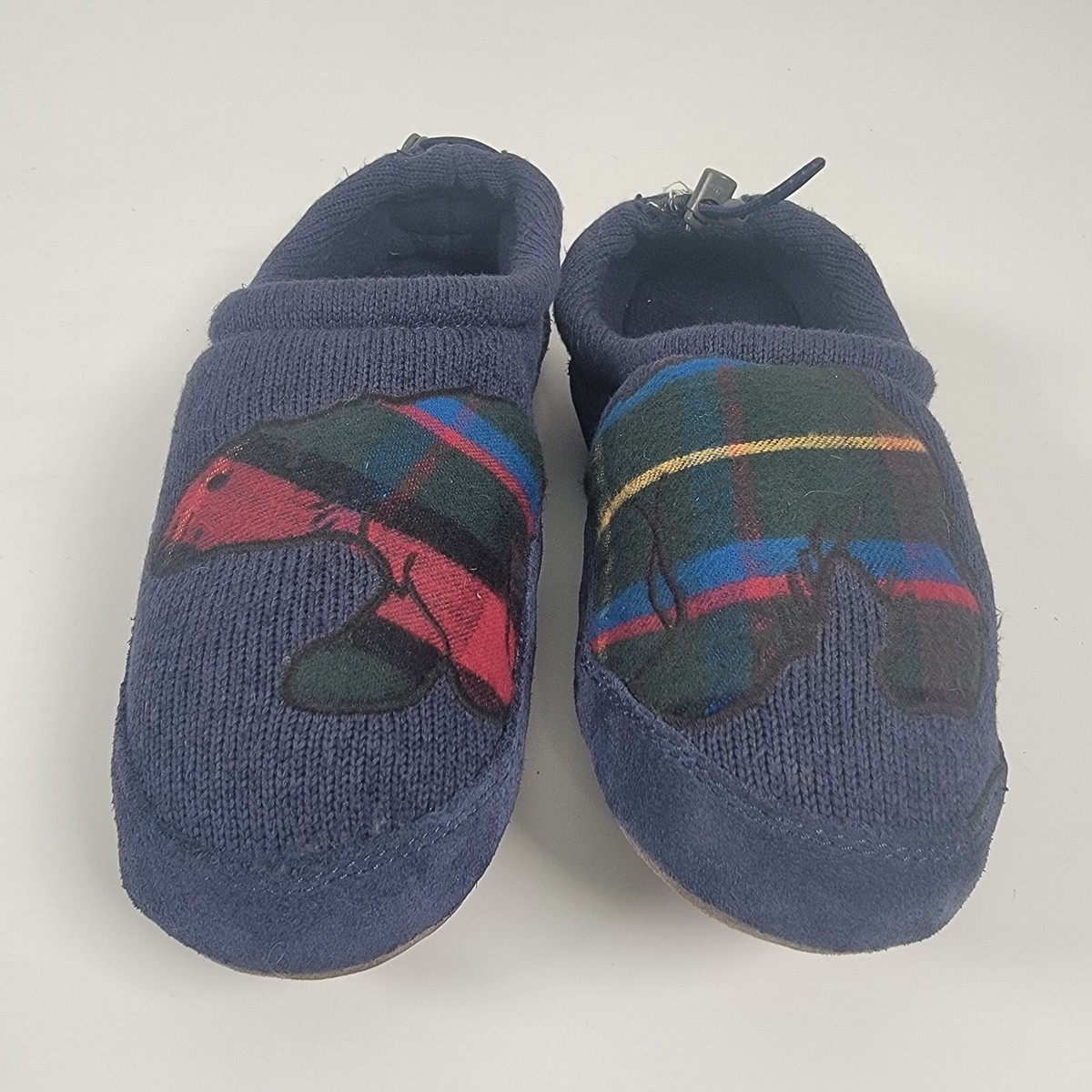 LL BEAN Kids Sweater Fleece Slipper Polar Bear Motif Blue Size 3-4