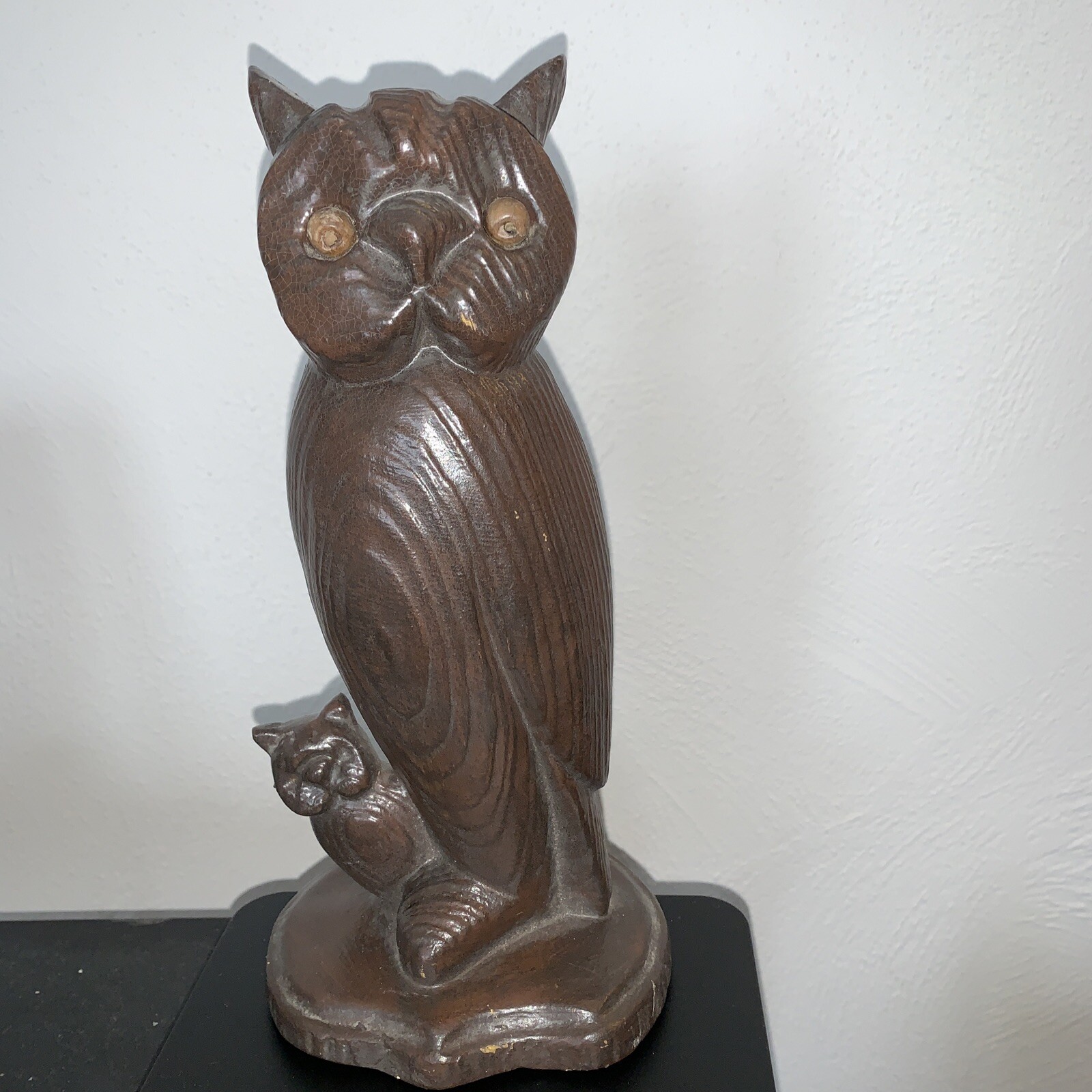 Vintage ceramic owl chalkware figurine wood textured mother and baby 9.5 inch brown
