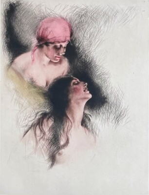 ''Frauenduo'' Kolorierte Radierung von C. J. Bauer - Nachlass Hanfstaengl Verlag