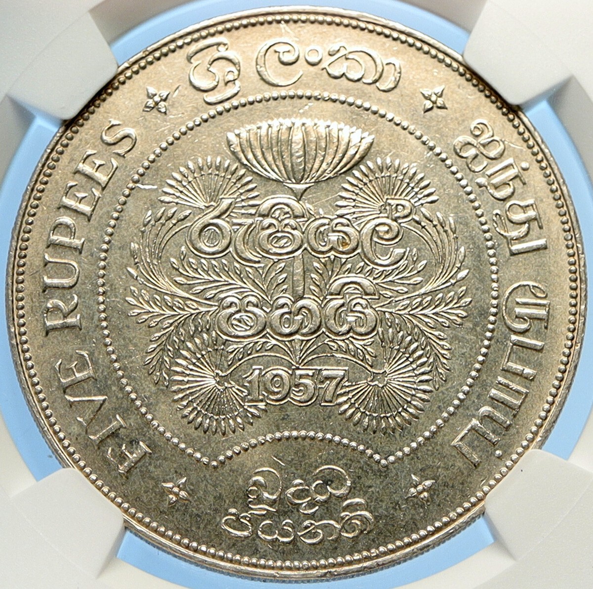 1957 セイロン FIVE RUPEES 銀貨 2500年 1957 CEYLON now SRI LANKA 2500 YRS OF BUDDHISM Old Silver 5