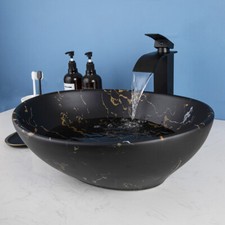 Bathroom Sink Black Oval Ceramic Washing Basin Waterfall Deck Mounted Brass Taps