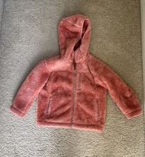 Uniqlo Girls Sz 5-6 Fluffy Yarn Fleece Full-Zip Hoodie Jacket Orange Pink
