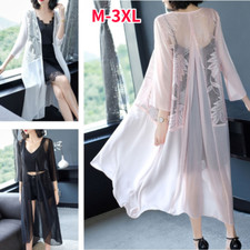 Chiffon Women Midi Lace Jacekt Coat Mesh Hollow Out Floral Cardigan Sheer
