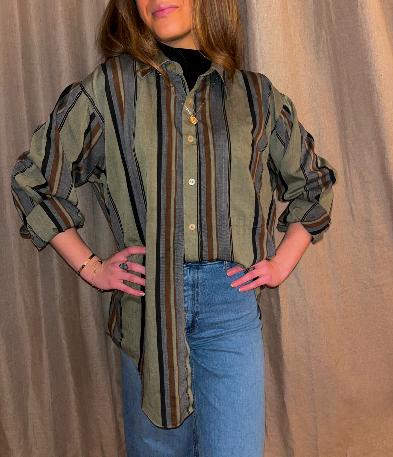 Untied Mens Button Down Brown Striped Shirt Long Sleeve Pocket Collared