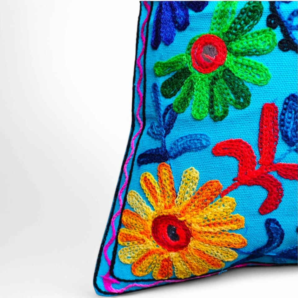Boho Suzani Embroidered Cushion Cover 16x16 | Handmade Sky Blue Colorful Floral - Image 3 of 4