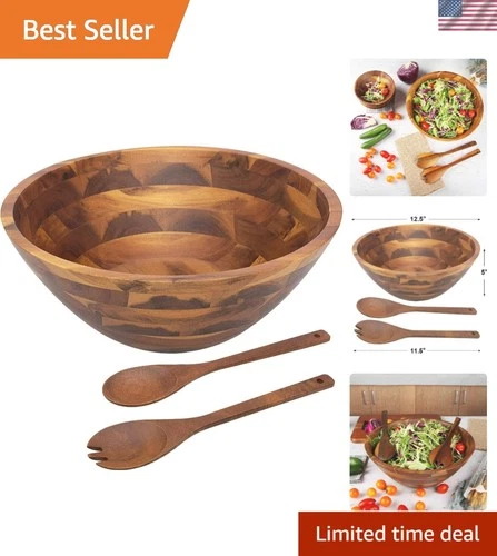 Elegant 12.5" Acacia Wood Salad Bowl Set with Serving Utensils - Handmade Beauty